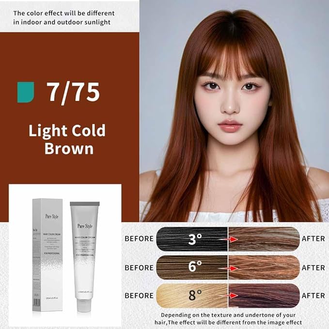PureStyle 100ml Professional Permanent Hair Color Dye Cream Ammonia Free, Long Lasting Light Cold Brown Color, 100% Gray Coverage, Natural Shine, For All Hair Types Easy At Home Application