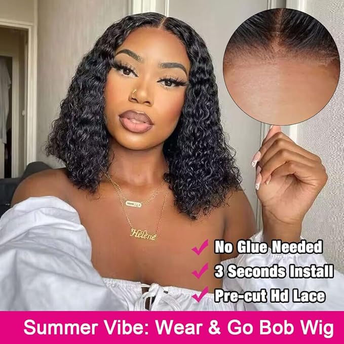 GOLFMAX Wear and Go Glueless Wigs Human Hair Pre Plucked Pre Cut Short Bob Wig Human Hair Wigs With Elastic Band For Black Women Deep Wave Curly 4x4 Closure Wig Water Wave Wigs 12 Inch