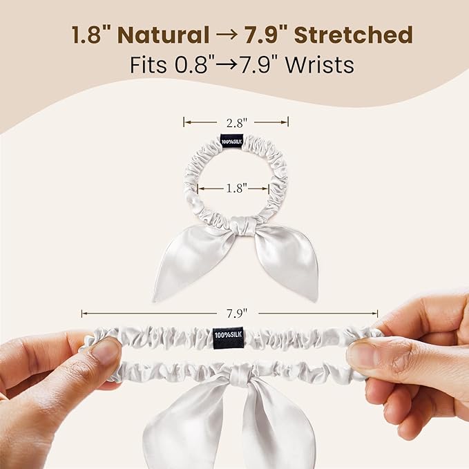 THXSILK 100% Mulberry Silk Bow Scrunchies 3-Pack, 22 Momme Mulberry Silk Hair Ties for Women, Cute Bunny Ear No Damage Ponytail Holders, Fashion Hair Accessories for Girls(S, Pearl White)