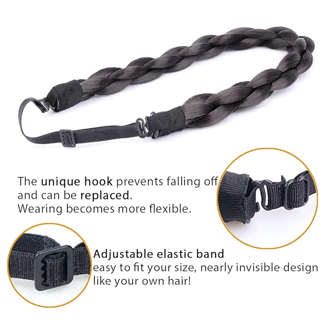 DIGUAN Chubby Narrow Synthetic Hair Braided Headband Classic Chunky Plaited Braids Elastic Stretch Hairpiece Women Girl Beauty accessory, 58g (Natural Black)