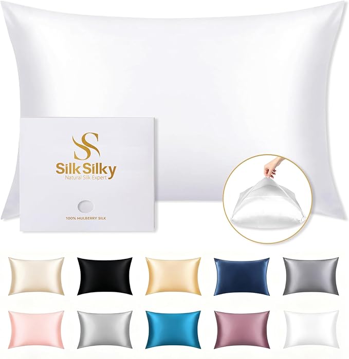 SilkSilky 100% Mulberry Silk Pillowcase - Pure 22 Momme High-Grade 6A Fibers for Hair & Skin, Envelope Closure, Natural, Organic, Breathable & Cooling Pillow Case (King, White)