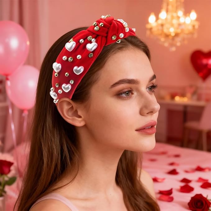 Valentines Day Red Pearl Headband for Women, Wide Rhinestone beaded Headbands Non Slip Knotted Fashion Hair Accessories for Christmas Valentines New Year Gifts