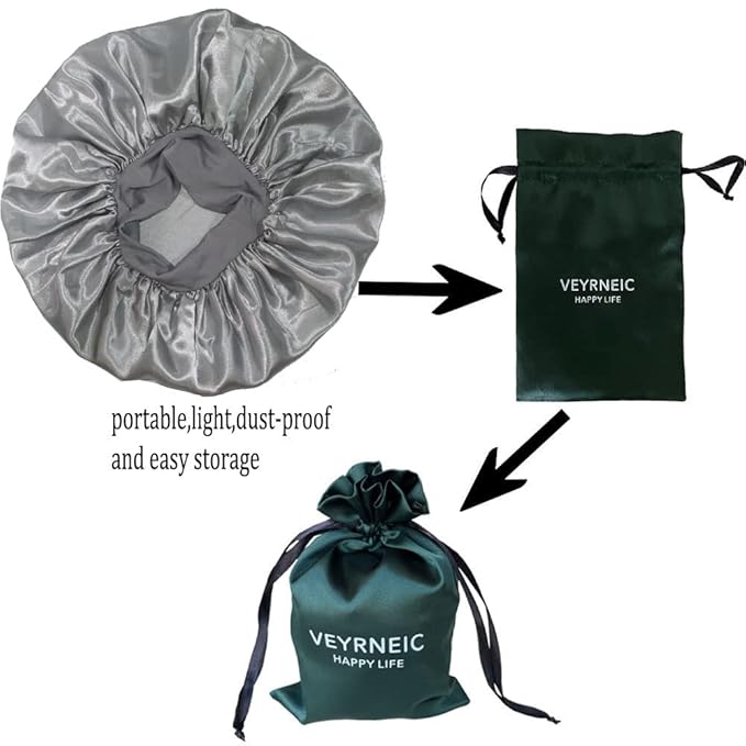 VEYRNEIC Hair Satin Bonnet for Sleeping Shower Caps Silk Chemo Caps with Wide Elastic Band Night Sleep Cap Bonnets for Black Women Braids with Satin Storage Bag (Silver)