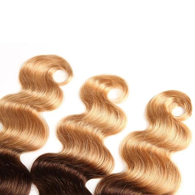 30 32 34 Inch Ombre Bundles Human Hair 4/27 Body Wave Bundles Niegmeag Virgin Soft and Silky Remy Hair Extensions Double Weft 3 Tone Honey Blonde and Brown Body Wave Bundle