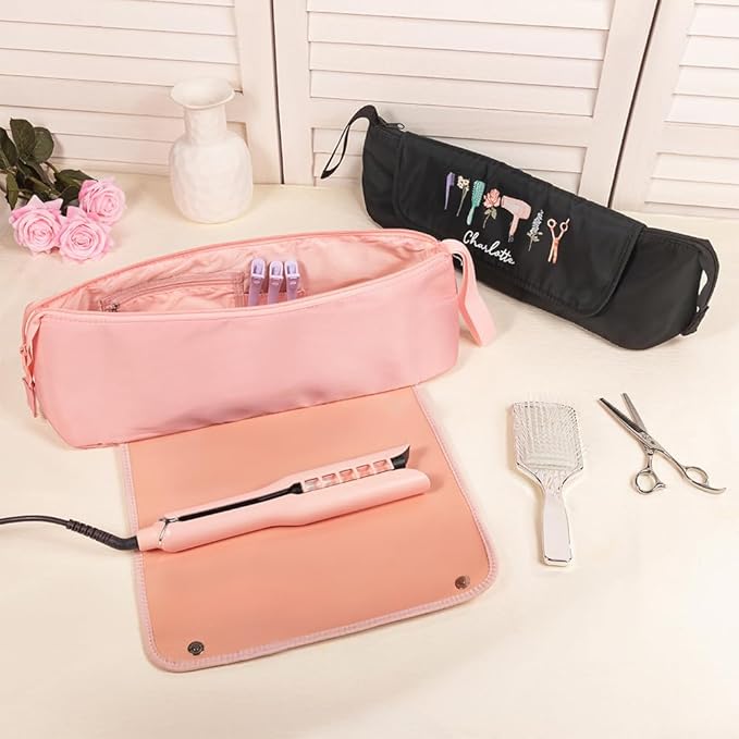 Custom Hair Tools Travel Bag with Heat Resistant Mat Personalized Name 3 Birth Flowers Hair Tool Organizer For Straightener Curling Iron Gifts For Women Mother Daughter 4.7×5.9×18INCH