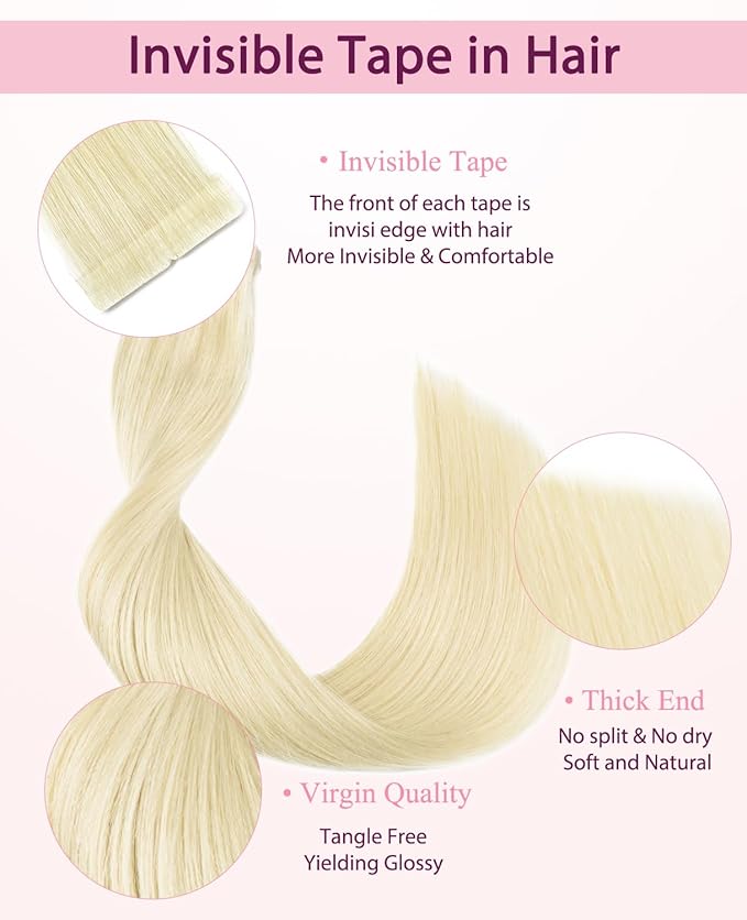 Pinkpearl Invisible Tape in Hair Extensions Human Hair, 20pcs 18inch 50g #60 Platinum Blonde Injection Tape in Extensions Real Remy Straight Seamless Silky Human Hair Injected