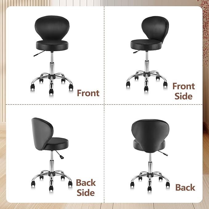 Set of 4 PVC Faux Leather Rolling Swivel Salon Stool Chair with Wheel Back Lumbar Support Seat Height 22 in Diameter 15 Inch Adjustable Hydraulic Chair for Office Massage Facial Spa 4 Pack
