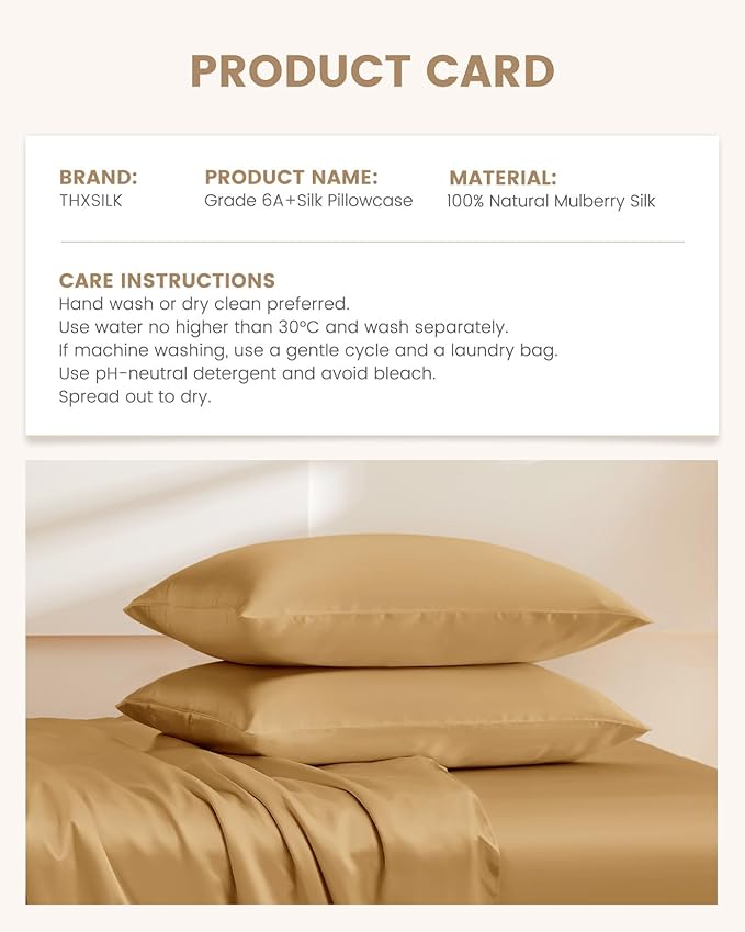THXSILK Set of 2 Mulberry Silk Pillowcase for Hair and Skin, 100% Mulberry Silk Bed Pillowcase with Zipper, Soft Breathable Silk Pillow Case, King Size 20"x36" (Metallic Gold)