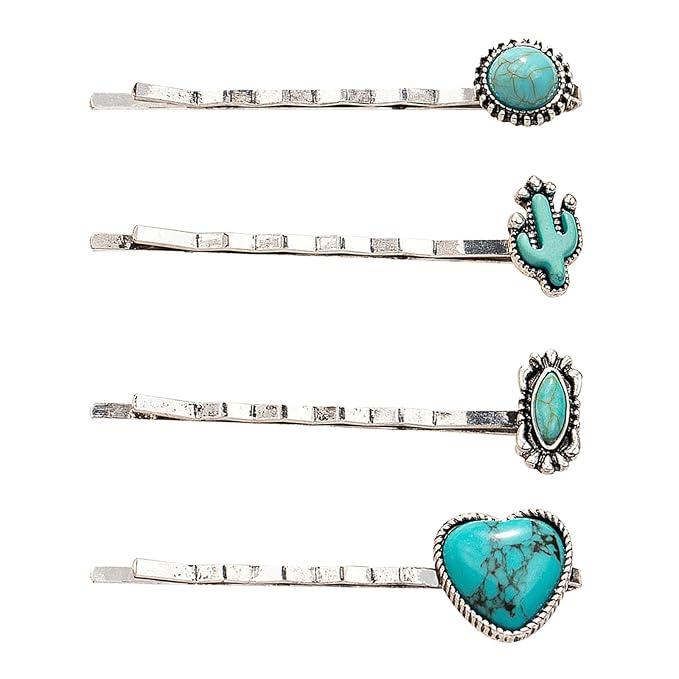 Western Style Hair Bobby Pins 4 Pcs Women's Turquoise Howlite Stone Hair Clip Cowgirl Chic Retro Hair Accessories
