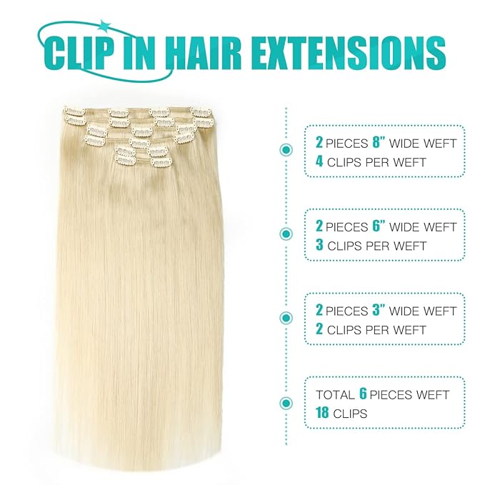 SURNEL Clip in Extensions Human Hair Platinum Blonde Double Drawn Hair Extensions Clip ins 22 Inch 6pcs 120g(#60,22'')