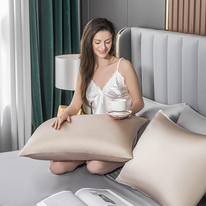 Mulberry Silk Pillowcase for Hair and Skin,Cooling Silk Pillow Case with Hidden Zipper,Allergen Proof Dual Sides Soft Breathable Smooth Silk Pillow Cover for Women (Champagne, Body)