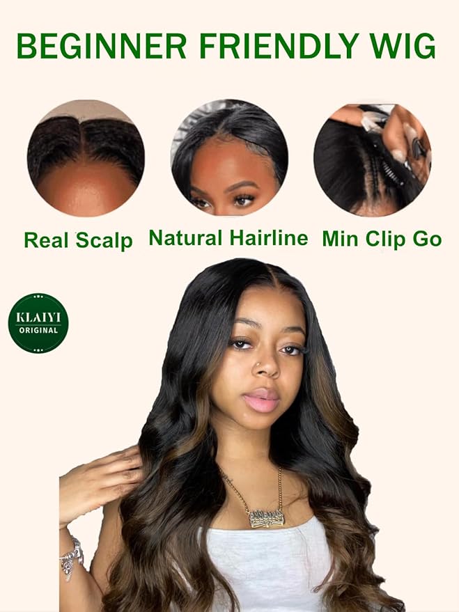 KLAIYI Ombre Brown V Part Wig Body Wave Human Hair Upgrade U Part Wig with Dark Roots Glueless Chestnut Brown Clip in Half Wig No Glue No Leave Out Beginner Wigs for Women Wear and Go Wig 150% 14Inch