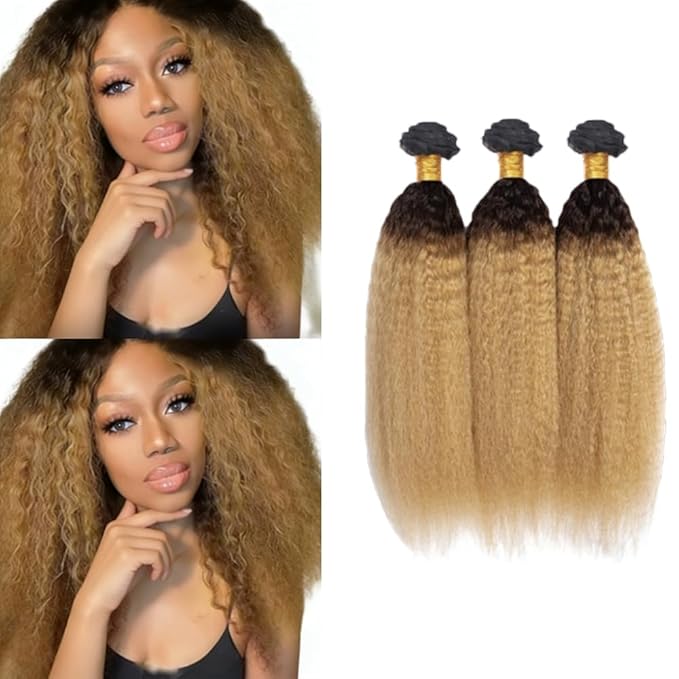 1B27 Human Hair Bundles Ombre Kinky Straight Bundles 18 20 22 Inch Niegmeag Virgin Remy Hair Extensions Double Weft 2 Tone Black and Honey Blonde Bundle 150g