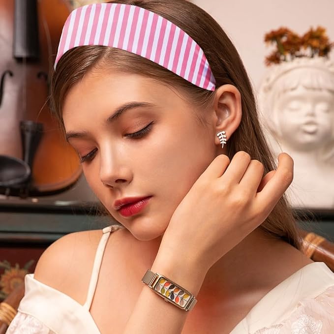 4PCS Striped Headbands for Women - Non-Slip Cotton Cloth Wide Elastic Stretchy Fashion Head Bands, Soft Fabric Hair Accessories for Yoga, Running, Workout