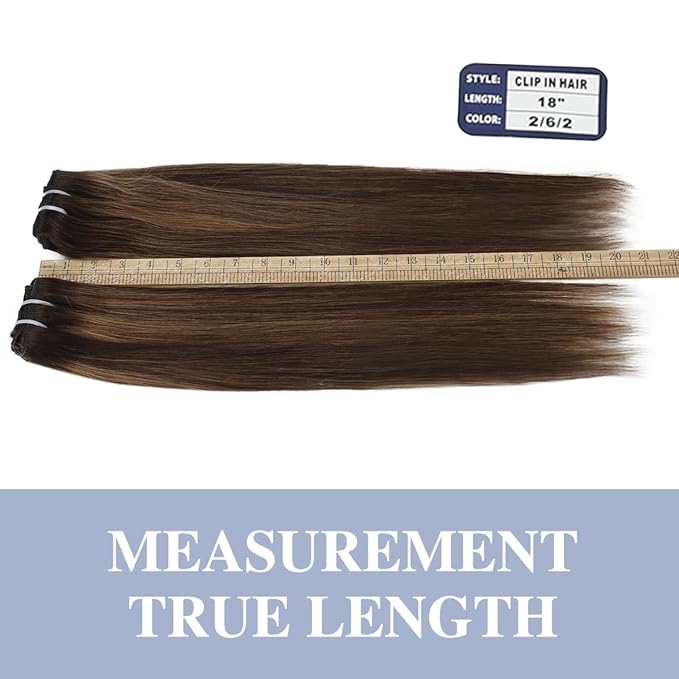 Straight Clip In Hair Extensions Real Human Hair 8Pcs Clip In Balayage Dark Brown to Chestnut Brown Human Hair Extensions with 18Clips Lace Weft 120g 24inch