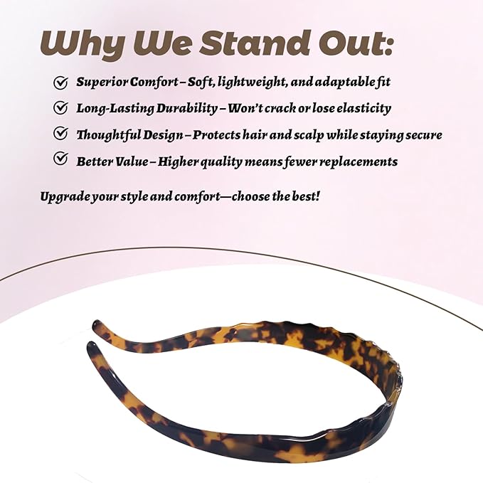 Acetate Hairbands for Women - Non-Slip Thin Headbands with Teeth, Eyewear-Friendly Design, 90s Retro Hair Accessories, No Pressure & No Headache Sunglasses Headband (Tortoiseshell)