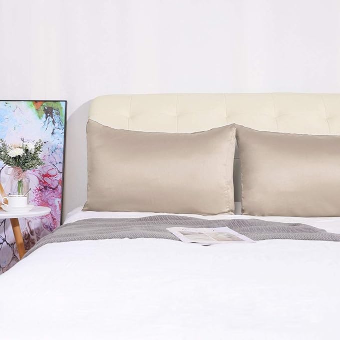 uxcell 2 Pack Silk Satin Pillowcase for Hair and Skin, Cool, Silky, Soft Breathable Pillow Cases Standard Size 20x26 Inch Sateen Pillowcase Light Tan with Envelope Closure