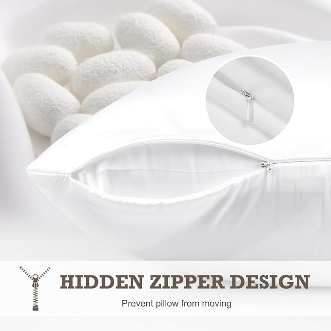 100% Mulberry Silk Pillowcase 2 Pack,Standard Size Silk Pillow Cases for Hair and Skin,Silky Smooth Bed Pillow Cover with Hidden Zipper,Natural Silk Pillow Case Set of 2 (White, Standard 20X26)