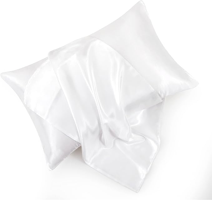 White Satin Pillowcase Standard Set of 2 with Envelope Closure，White Silk Pillowcase for Hair and Skin (20x26)