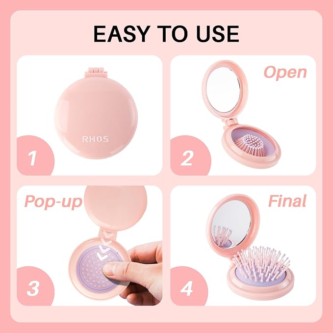 RHOS Folding Brush with Mirror for Women, Girls - Compact Pocket Portable Hair Brush with Soft Nylon Bristles for Purse and Travel (Pink)