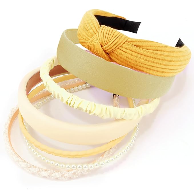VELSCRUN Headbands for Women 7 Pcs Different Yellow Fashion Knotted Solid Head Bands Pearl Headband Non Slip Hair Band for Womens Gilrs Thin Thick Short Hair Face Wash Hair Accessories