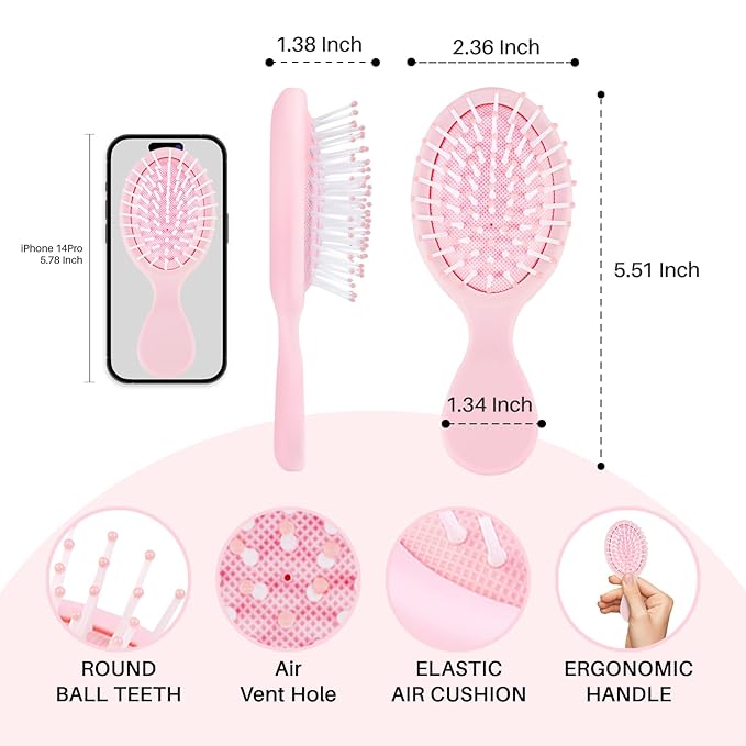 RHOS Mini Hair Brush for Women,Men and Kids-Travel Size Hair Brush for Purse,Pocket,backpack-Small Cushion Paddle Brush with Soft Bristles-Mini Detangler Brush for All Hair Types(1 Pack-Pink)