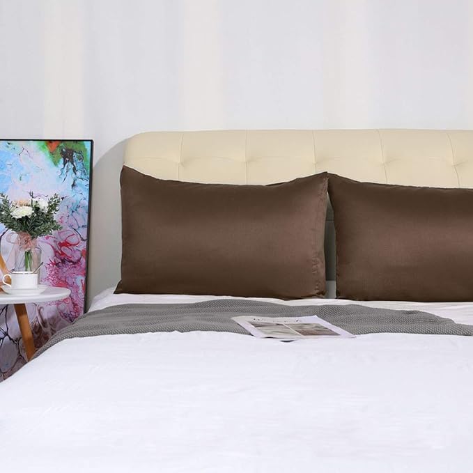 uxcell 2 Pack Silk Satin Pillowcase for Hair and Skin, Cool, Silky, Soft Breathable Pillow Cases Travel Size 14x20 Inch Sateen Pillowcase Brown with Envelope Closure