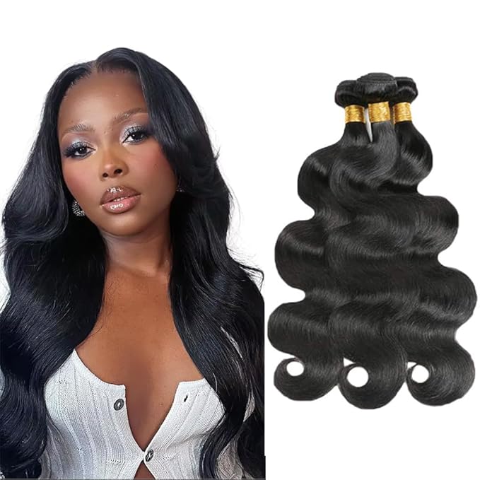 32 32 32 Inch Human Hair Bundles Natural Black Body Wave Bundle Niegmeag Unprocessed Brazilian Virgin Soft and Silky Remy Hair Extensions Double Weft Color 1B Body Wave Bundle Hair Weave