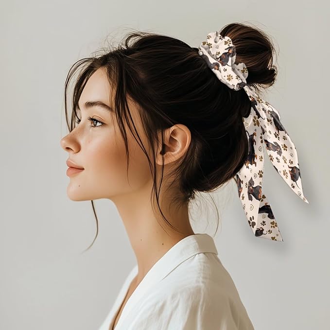 Dachshund Cat Elastic Hair Ties No Damage Ribbon 2 Piece Stylish Satin Hair Scrunchies for Women Travel Soft Ponytail Holder Knotted Bow