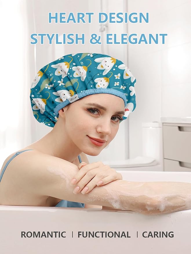 Years Calm Shower Caps For Women Reusable Waterproof，Pattern And Solid Color Dual-Layer Design For Dual-Layer Usable，Protects Hair In Shower, Spa, Cooking, Clean & Travel (Bell Orchid, Extra Large)