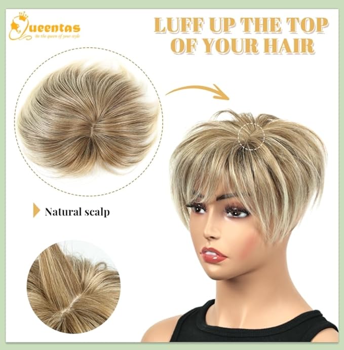 QUEENTAS Hair Topper for Women with Thinning Hair Pieces 6.5"*6"Large Coverage 360°3D Synthetic Short Wiglets with 5 Clips(Blonde Mixed Brown)