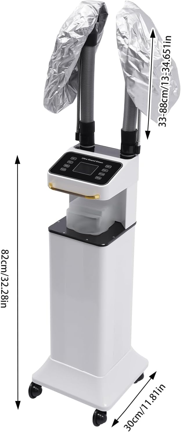 Freestanding Multifunctional Nano Hair Steamer Micro Mist Ozone Oil Treatment Dyeing Machine with 2 Steam Caps Hooded Hair Care Processor 2 Telescopic Tubes Time/Temp Control for Salon Barber Shop SPA