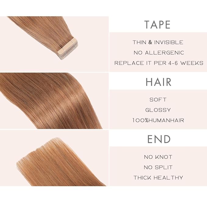 Light Brown Tape in Hair Extensions Human Hair, 20pcs 16 Inch Remy Hair Extensions Straight Human Hair Tape in Extensions Skin Weft Tape Extensions Human Hair (30#,16 Inch)