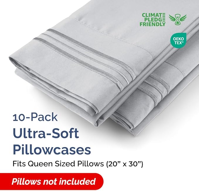 Queen Pillow Cases Set of 10 - Ultra Soft Hotel Quality Pillowcase Covers - Comfy, Cozy & Wrinkle Free - Shrink, Stain & Fade Resistant - Machine Washable Pillow Protectors - 10 Piece Set - Steel Blue