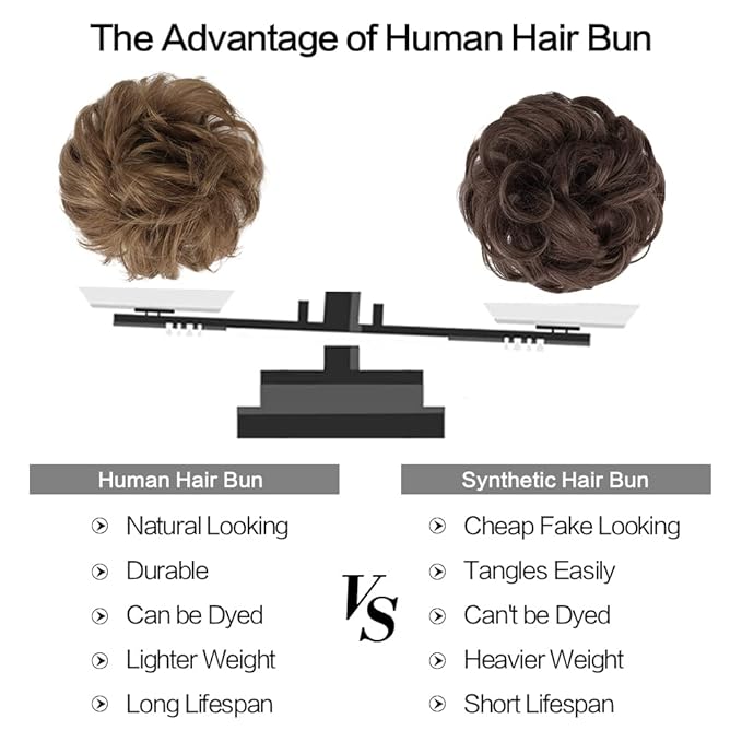 FESHFEN Human Messy Buns - 100% Human Hair Bun Real Scrunchies Hair Pieces Ponytail Extensions Wavy Tousled Updo Chignon Hairpieces for Women, Ash Brown