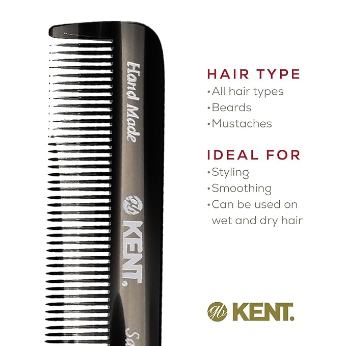 Kent FOT Black Graphite Fine Tooth Comb for Men - Handmade Pocket Comb for Travel, Styling, Fine or Thinning Hair, Mustache and Beard Care Handpolished Saw-Cut Made in England