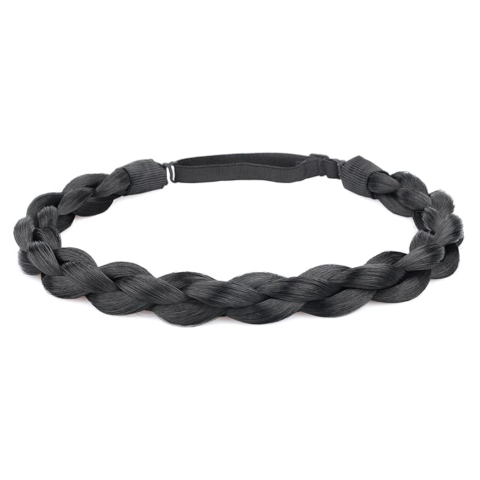 DIGUAN Chubby Narrow Synthetic Hair Braided Headband Classic Chunky Plaited Braids Elastic Stretch Hairpiece Women Girl Beauty accessory, 58g (Black)