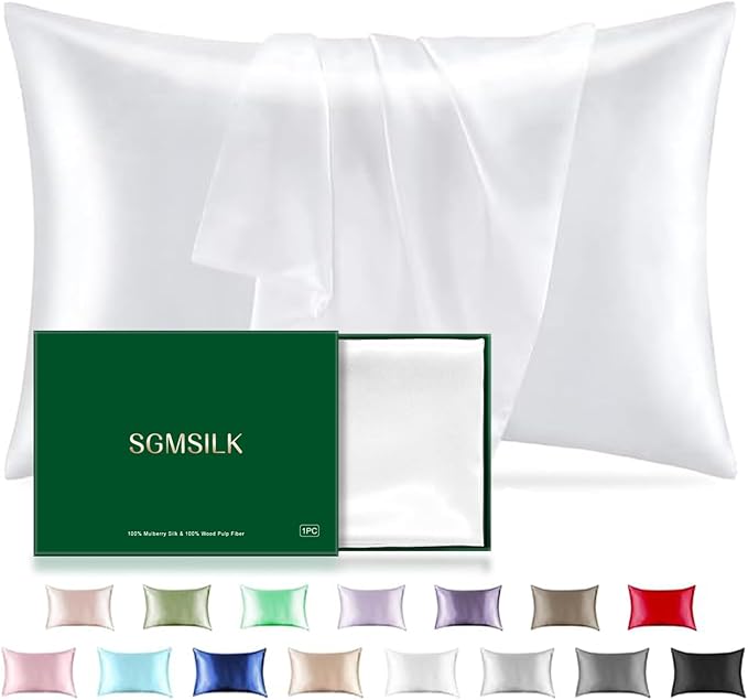 Mulberry Silk Pillowcase for Hair and Skin, SGMSILK 22 Momme Natural Silk Pillow Cases with Zipper, 6A Soft and Smooth Single Sided Pure Silk Pillow Cover (White, Queen 20"x30")