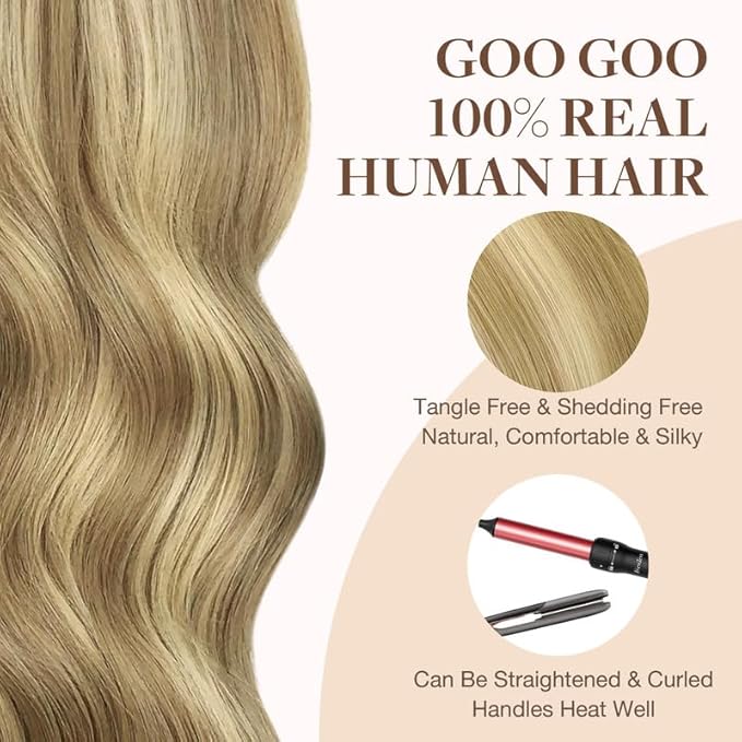 GOO GOO Tape in Hair Extensions Human Hair, 16/22 Light Blonde Highlighted Golden Blonde, 24inch 30g 10pcs, Skin Weft Seamless Invisible, Silky Straight with Thick Ends, Remy Human Hair