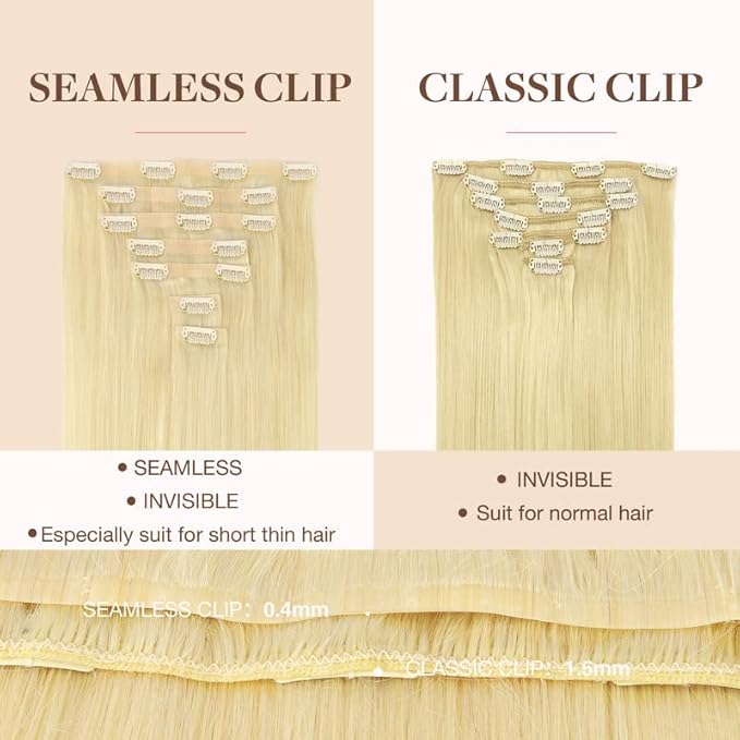 GOO GOO Clip in Hair Extensions Real Human Hair, Remy Human Hair Extensions Clip ins for Women, Natural Human Hair, 20inch 110g 7Pcs, 613R Bleach Blonde