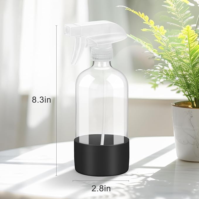 2 Pack Glass Spray Bottles with Silicone Sleeve, 16 oz Empty Refillable Containers with Adjustable Spray Nozzles, Spray Bottles for Hair, Cleaning Solutions and Plants Black&Grey
