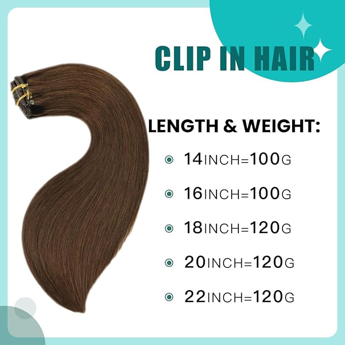 SURNEL Chocolate Brown Human Hair Clip in Extensions, 22 Inch 120g 6pcs (#4,22'')