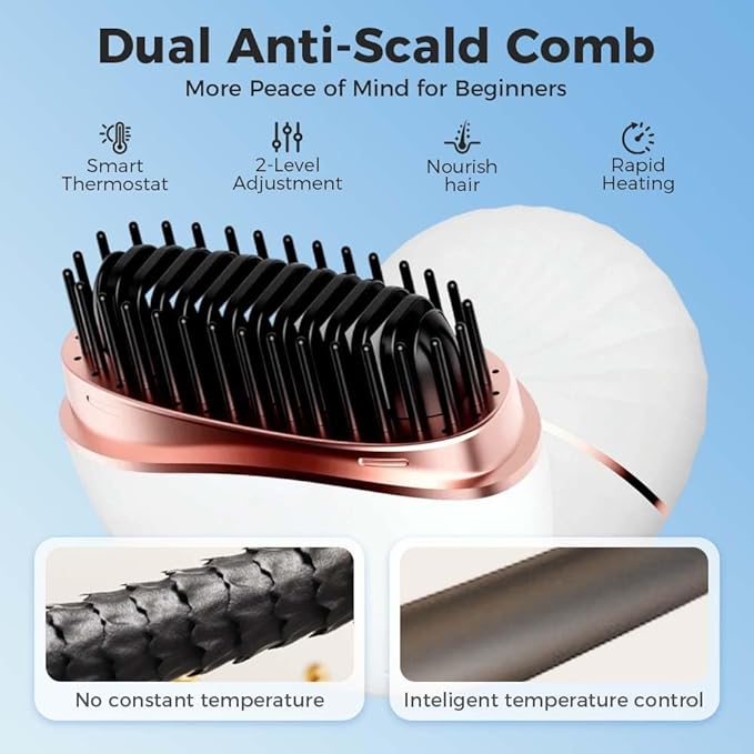 Mini Straightener,Portable Fast Heating Hair Straightener Comb with Mirror,Wireless 2-in-1 Hairs Dressing Combs for Home Travel Gift,Straight Hair Comb with 3 Adjustable Temperatures (Pink)