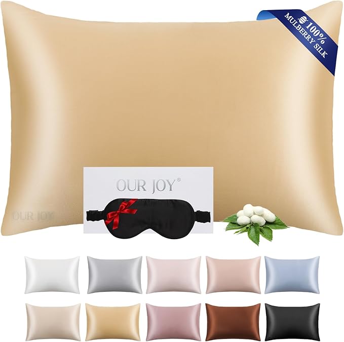 100% Mulberry Silk Pillowcase 22 Momme (SGS Certified) with Free Silk Eye Mask - Luxury Gift-Ready Folded Packaging, Cooling Pillow Cover for Hair & Skin Care (Gold, Standard (1 Pack))