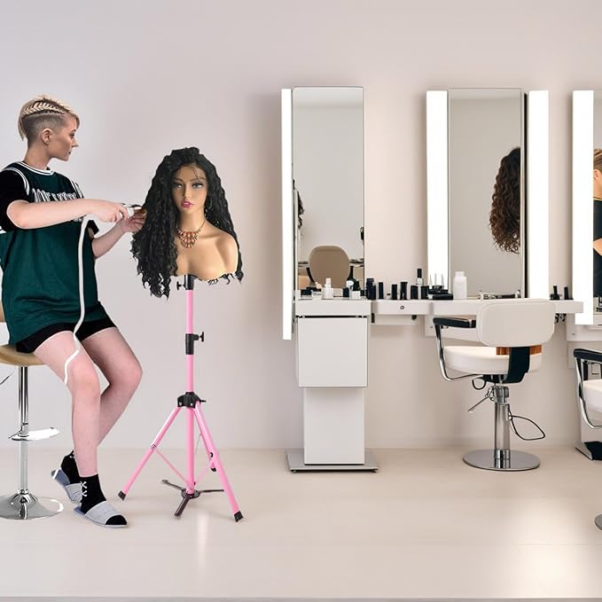 Reinforced Wig Stand Tripod 55" Heavy Duty Adjustable Mannequin Head Stand Tripod for Styling Cosmetology Hairdressing Training, Pink Wig Head Stand Sets with Wig Caps,Comb,Hair Clips, T-Pins,Headband