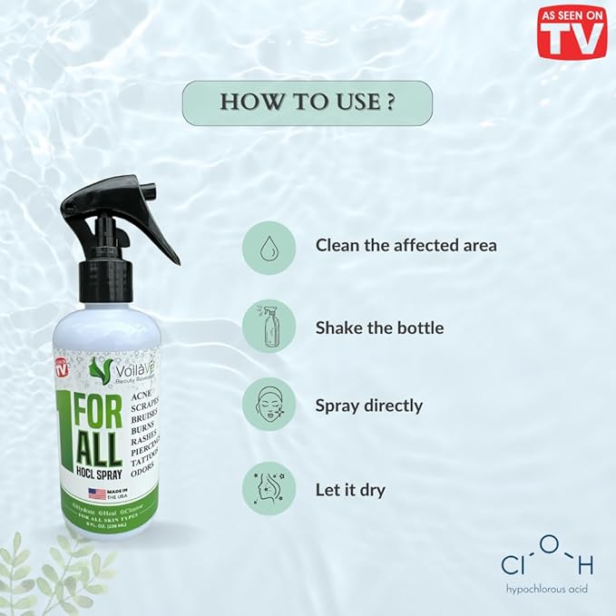 VoilaVe Pure Hypochlorous Acid Spray, All-in-One Skin Spray for Every Skin Type | HOCL Spray | Supports Acne, Scraps, Bruises, Rashes, Piercings, Tattoos, and Odors | Multi-Purpose Cleaner Spray 8 Oz