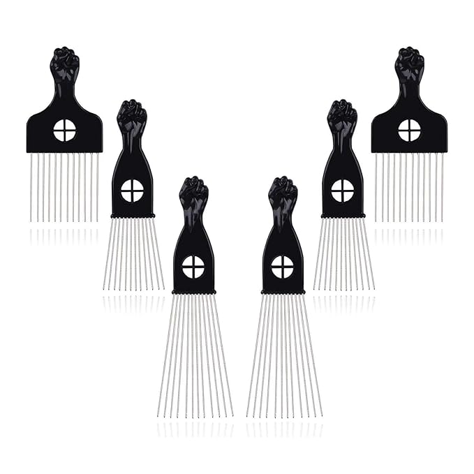 6Pcs Afro Picks Metal Hair Combs, 3 Sizes Steel Teeth Hair Pick for Curly, Coily, Natural Hair, Detangling & Styling Comb for Men Women (Black)
