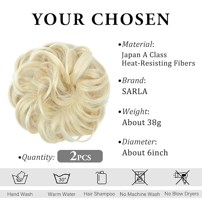 SARLA 2PCS Messy Hair Bun Hair Pieces Wavy Curly Synthetic Updo Fake Scrunchies Ponytail Extension for Women Beach Blonde
