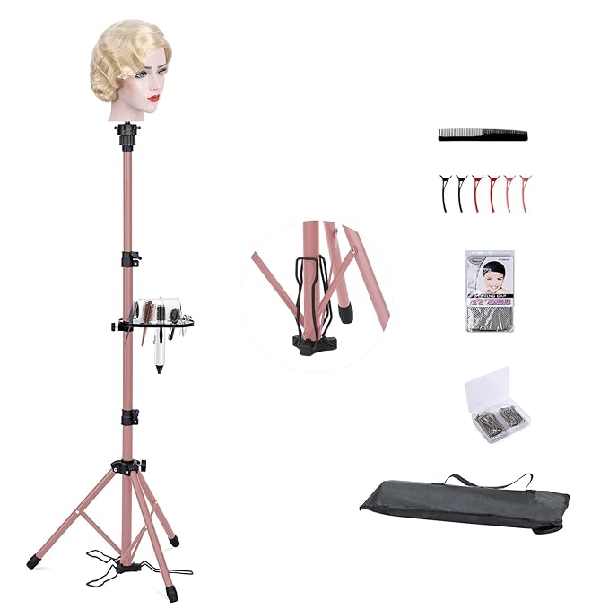 Klvied Metal Wig Stand Tripod with Foot Panel,Adjustable Mannequin Head Stand Tool Tray, Wig Head Stand for Styling,Tripod for Mannequin Head,Rose Golden