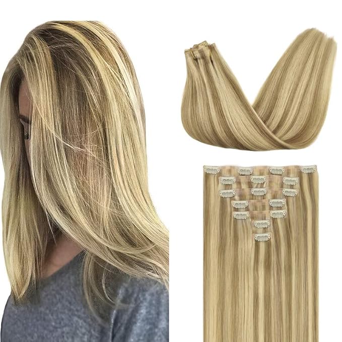 GOO GOO Clip in Hair Extensions Real Human Hair, Remy Human Hair Extensions Clip ins for Women, Natural Human Hair, 20inch 110g 7Pcs, 16/22 Light Blonde Highlighted Golden Blonde